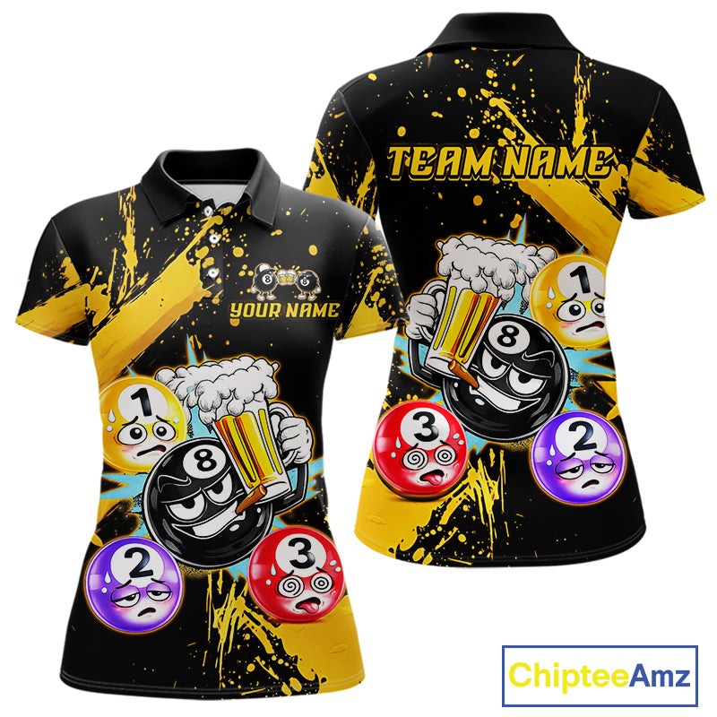 Custom Yellow Funny 8 Ball Pool Billiard Team Shirts for Women Billiard League Jersey Polo &1/4 Zip BHT2
