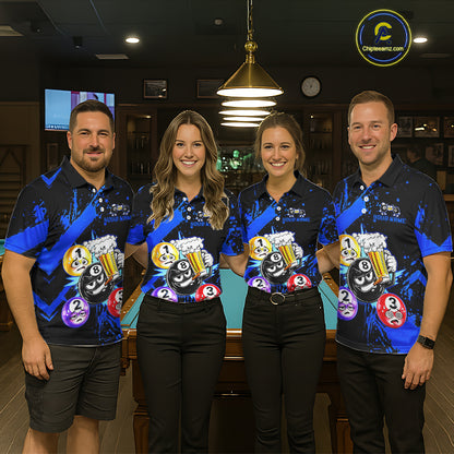 Custom Blue Funny 8 Ball Pool Billiard Team Shirts for Men Billiard League Jersey Polo &1/4 Zip BHT2
