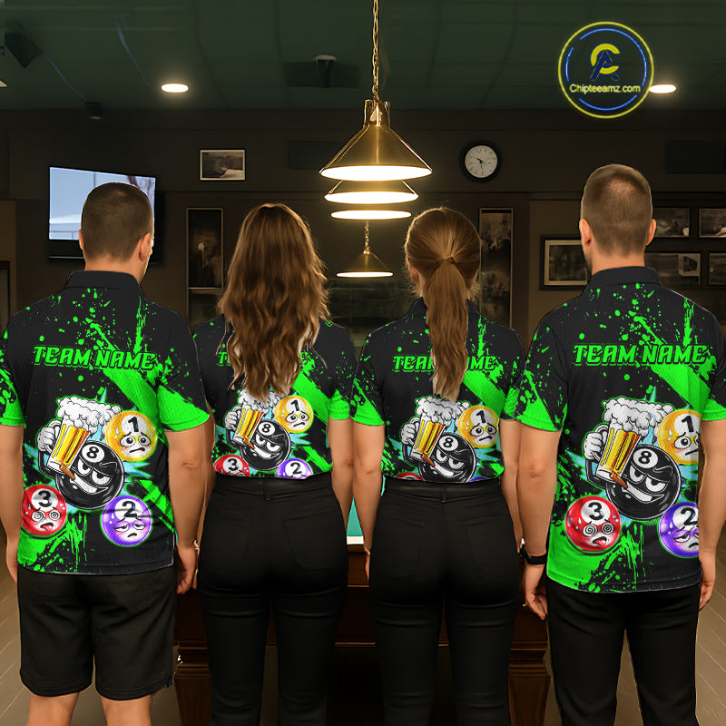 Custom Green Funny 8 Ball Pool Billiard Team Shirts for Men Billiard League Jersey Polo &1/4 Zip BHT2