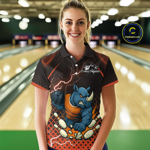 Custom Funny Orange Rhino Bowling Team Shirt for Women Bowling Jersey Polo, Quarter-Zip Outfit QZT805