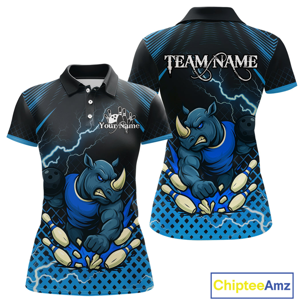 Custom Funny Blue Rhino Bowling Team Shirt for Women Bowling Jersey Polo, Quarter-Zip Outfit QZT805