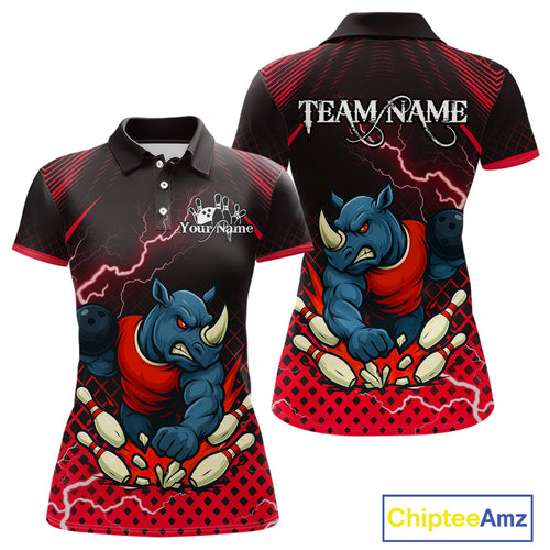 Custom Funny Red Rhino Bowling Team Shirt for Women Bowling Jersey Polo, Quarter-Zip Outfit QZT805