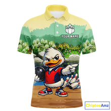 Load image into Gallery viewer, Polo shirt with cartoon duck design and customizable text on a white background