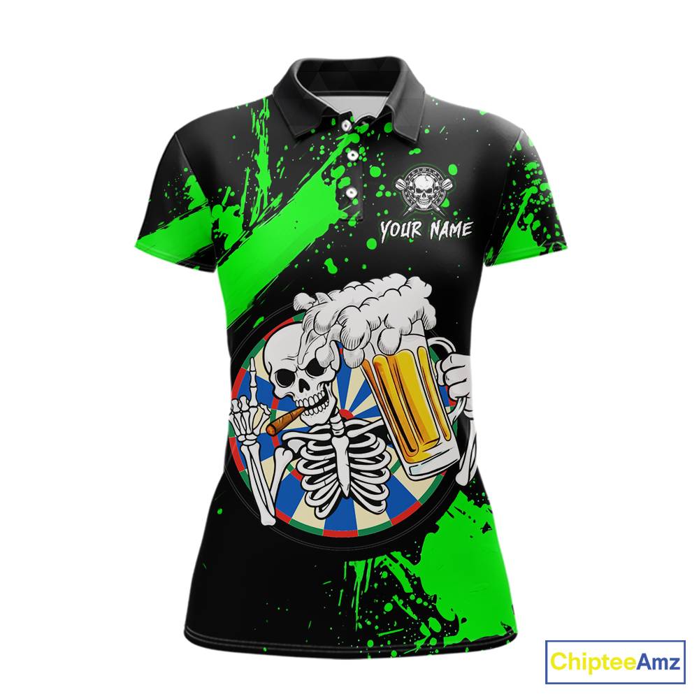 Custom Green Skeleton Dart Jersey for Team Polo & 1/4 Zip Beer Dartboard Shirts Dart Jerseys Gift for Women DHT3