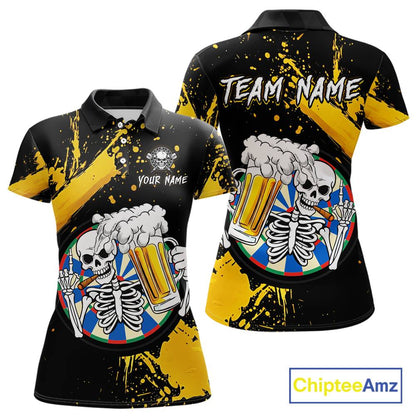 Custom Yellow Skeleton Dart Jersey for Team Polo & 1/4 Zip Beer Dartboard Shirts Dart Jerseys Gift for Women DHT3