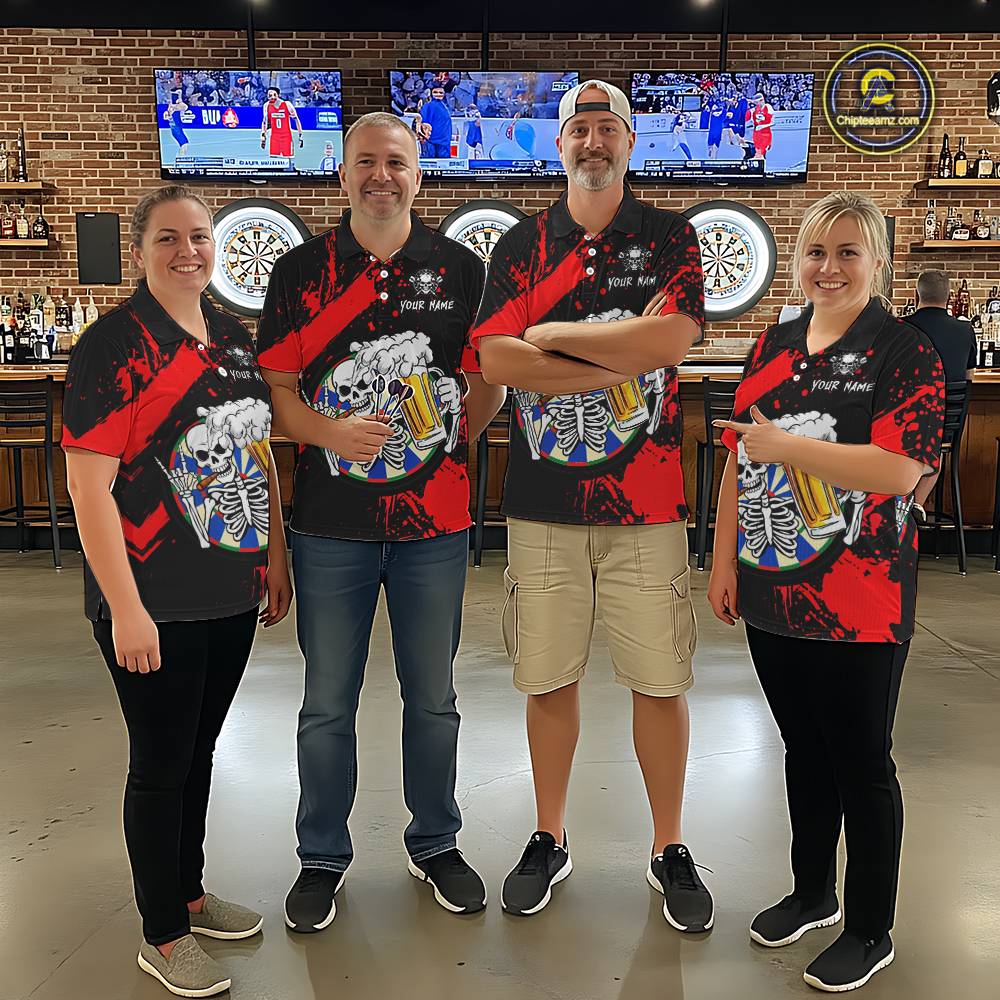 Custom Red Skeleton Dart Jersey for Team Polo & 1/4 Zip Beer Dartboard Shirts Dart Jerseys Gift for Women DHT3