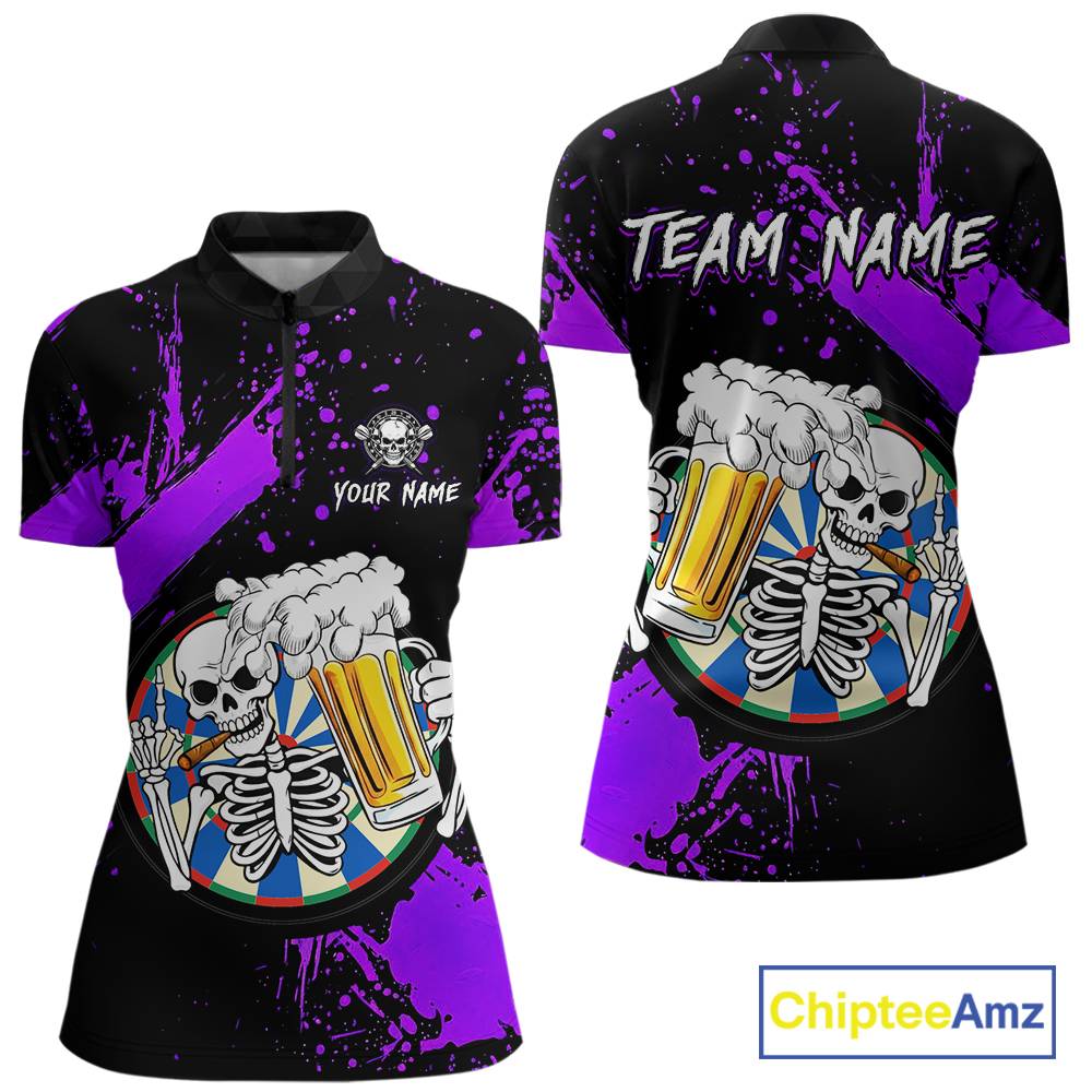 Custom Purple Skeleton Dart Jersey for Team Polo & 1/4 Zip Beer Dartboard Shirts Dart Jerseys Gift for Women DHT3
