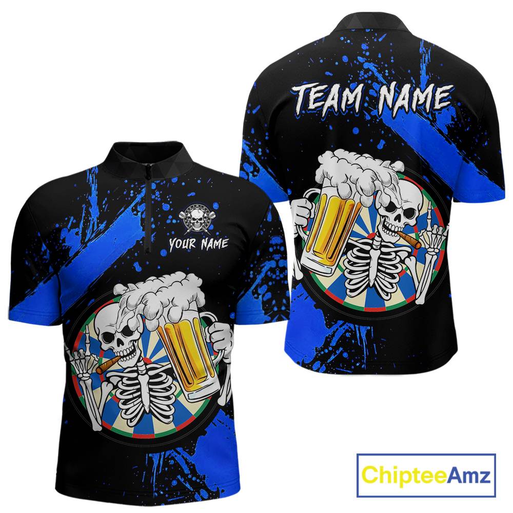 Custom Blue Skeleton Dart Jersey for Team Polo & 1/4 Zip Beer Dartboard Shirts Dart Jerseys Gift for Men DHT3