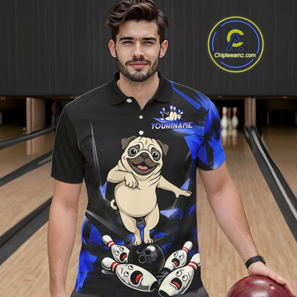 Custom Blue Funny Pug Dog Bowling League Shirt for Men Polo & 1/4-Zip Bowling Jersey for Team QZT906