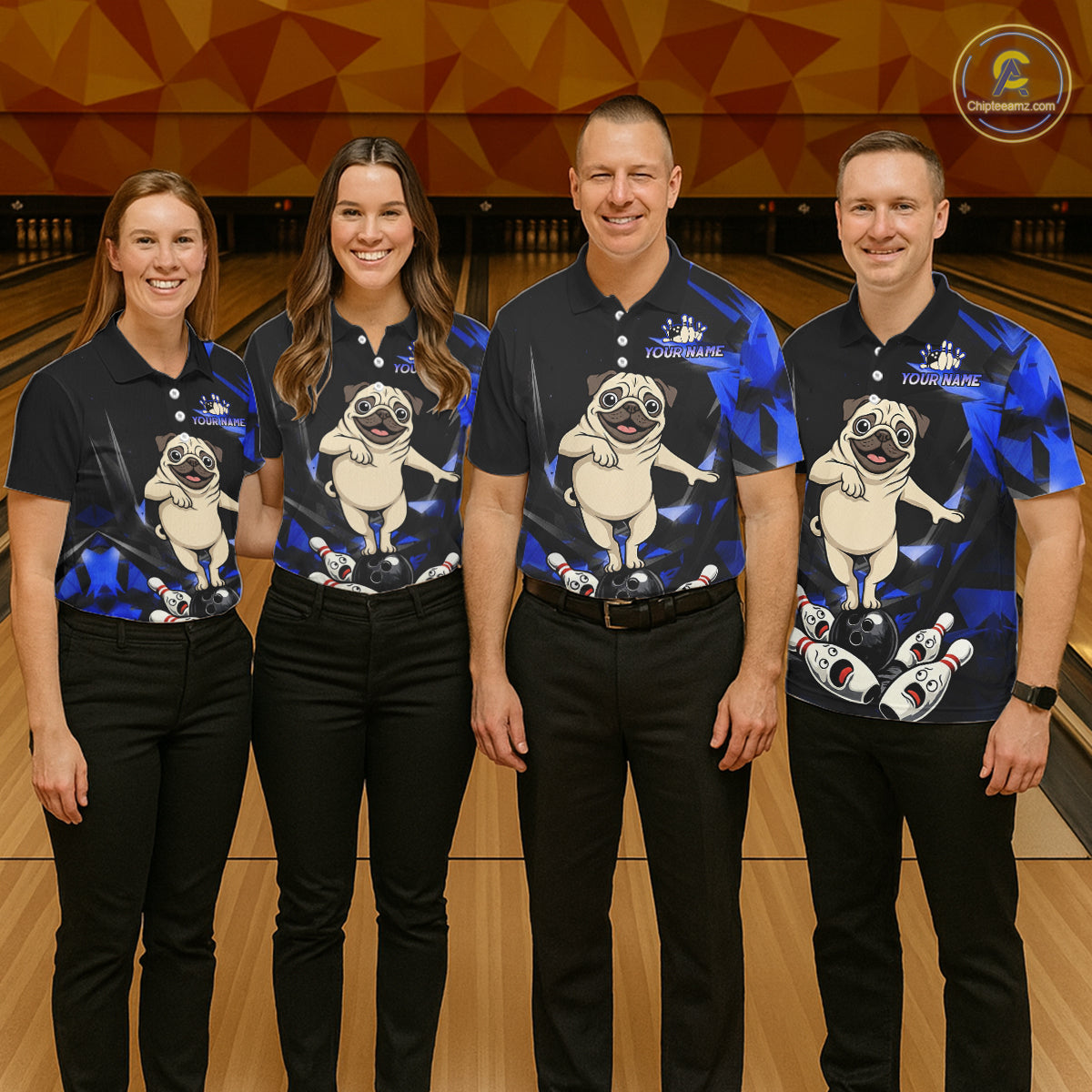 Custom Blue Funny Pug Dog Bowling League Shirt for Men Polo & 1/4-Zip Bowling Jersey for Team QZT906