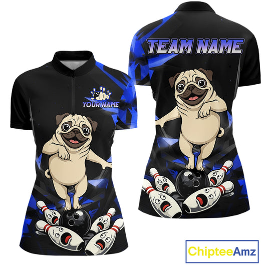 Custom Blue Funny Pug Dog Bowling League Shirt for Women Polo & 1/4-Zip Bowling Jersey for Team QZT906