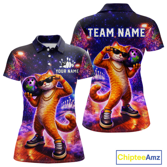 Custom Graffiti Funny Cat Bowling Shirt for Women Bowling League Jersey Polo & Quarter-Zip Bowling Outfit QZT919
