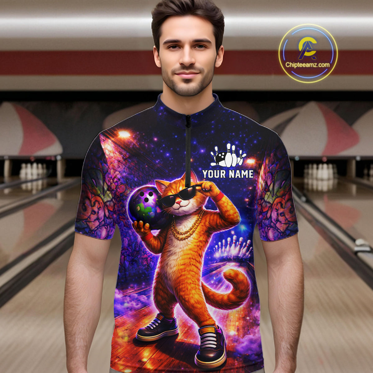 Custom Graffiti Funny Cat Bowling Shirt for Men Bowling League Jersey Polo & Quarter-Zip Bowling Outfit QZT919
