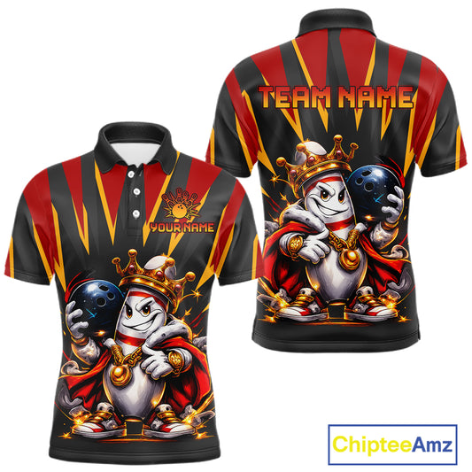 Customizable polo shirt with a cartoon king design and space for team name and logo on a white background.