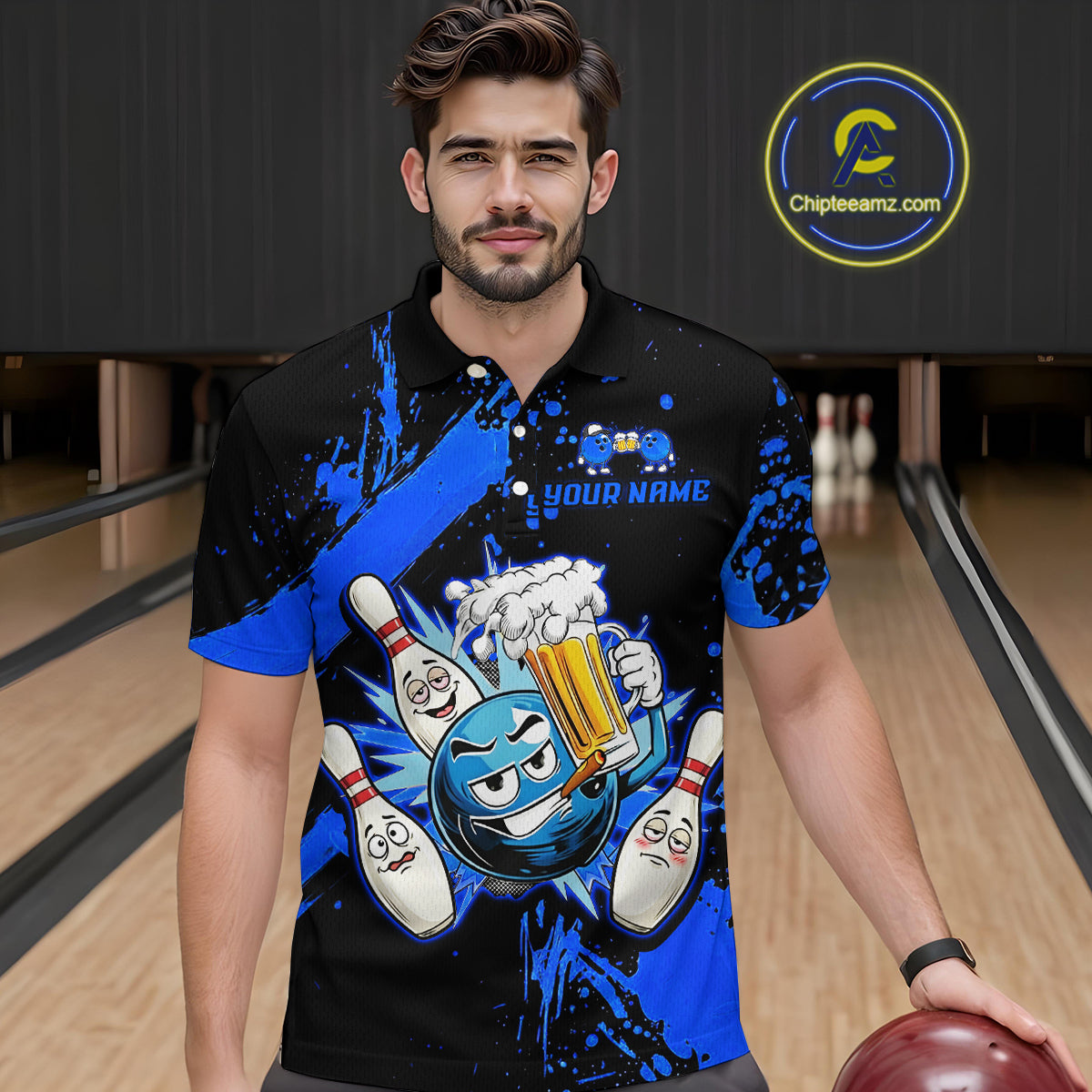 Custom Blue Funny Beer Bowling Shirt for Men Bowling League Jersey Polo 1/4 Zip Bowling Outfit QZT822