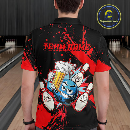 Custom Red Funny Beer Bowling Shirt for Men Bowling League Jersey Polo 1/4 Zip Bowling Outfit QZT822