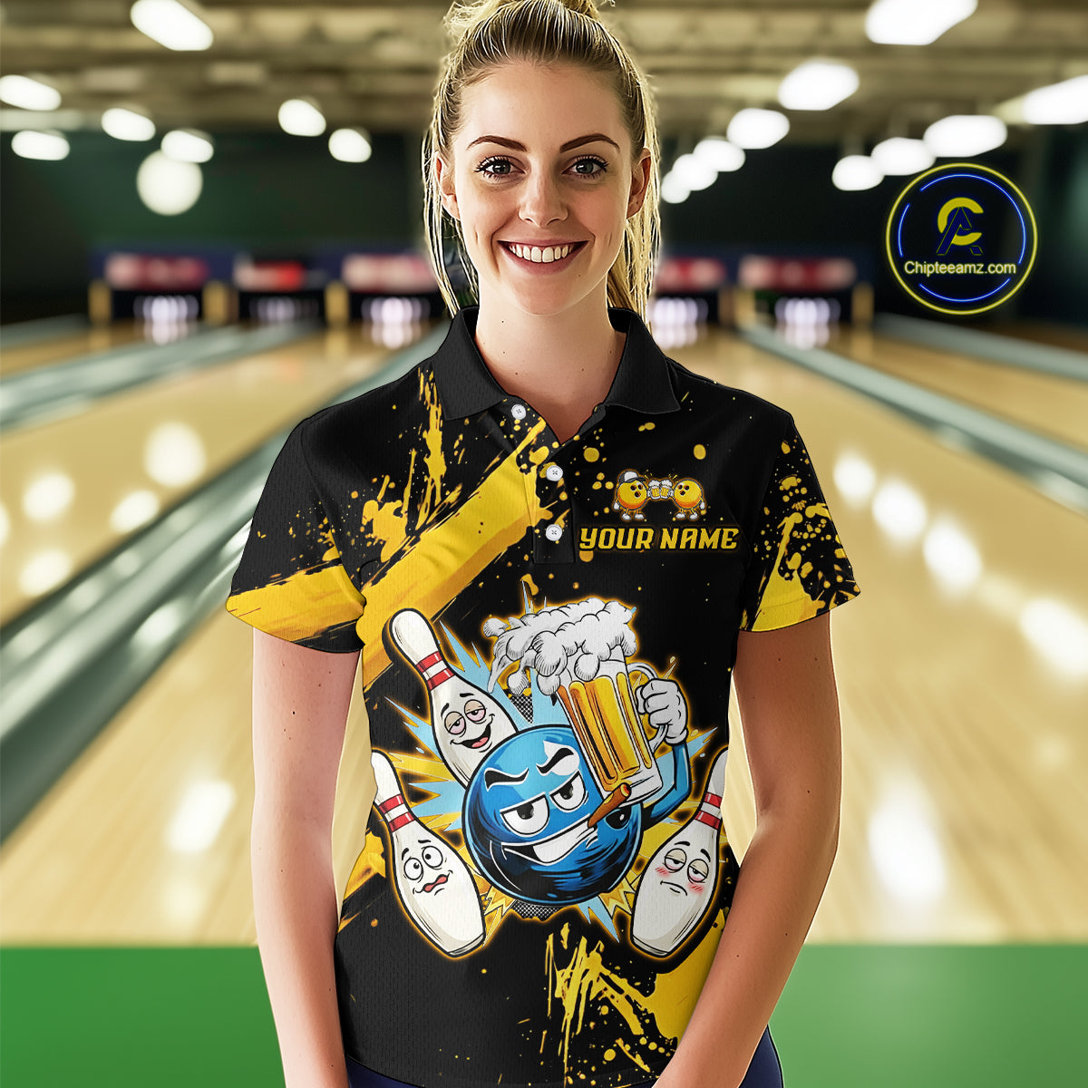 Custom Yellow Funny Beer Bowling Shirt for Women Bowling League Jersey Polo 1/4 Zip Bowling Outfit QZT822