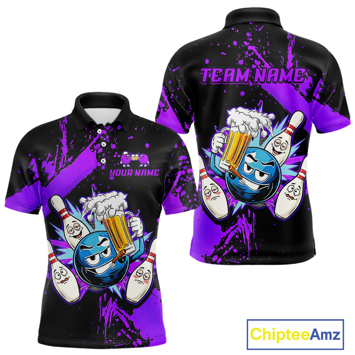 Custom Purple Funny Beer Bowling Shirt for Men Bowling League Jersey Polo 1/4 Zip Bowling Outfit QZT822