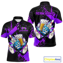 Load image into Gallery viewer, Custom Purple Funny Beer Bowling Shirt for Men Bowling League Jersey Polo 1/4 Zip Bowling Outfit QZT822