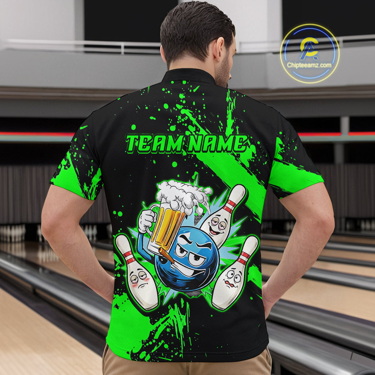 Custom Green Funny Beer Bowling Shirt for Men Bowling League Jersey Polo 1/4 Zip Bowling Outfit QZT822