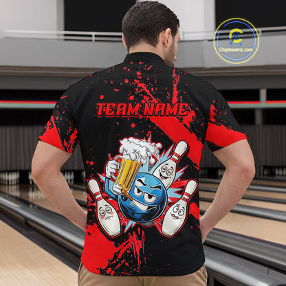 Custom Red Funny Beer Bowling Shirt for Men Bowling League Jersey Polo 1/4 Zip Bowling Outfit QZT822