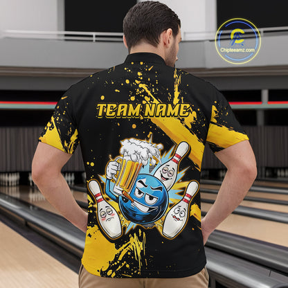 Custom Yellow Funny Beer Bowling Shirt for Men Bowling League Jersey Polo 1/4 Zip Bowling Outfit QZT822