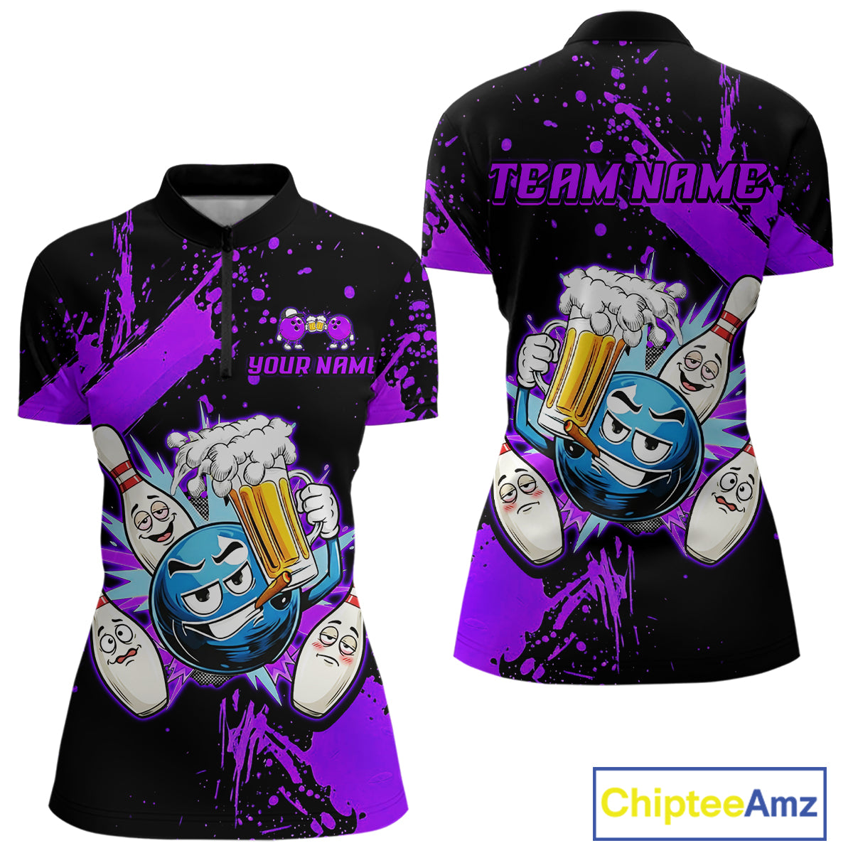 Custom Purple Funny Beer Bowling Shirt for Women Bowling League Jersey Polo 1/4 Zip Bowling Outfit QZT822