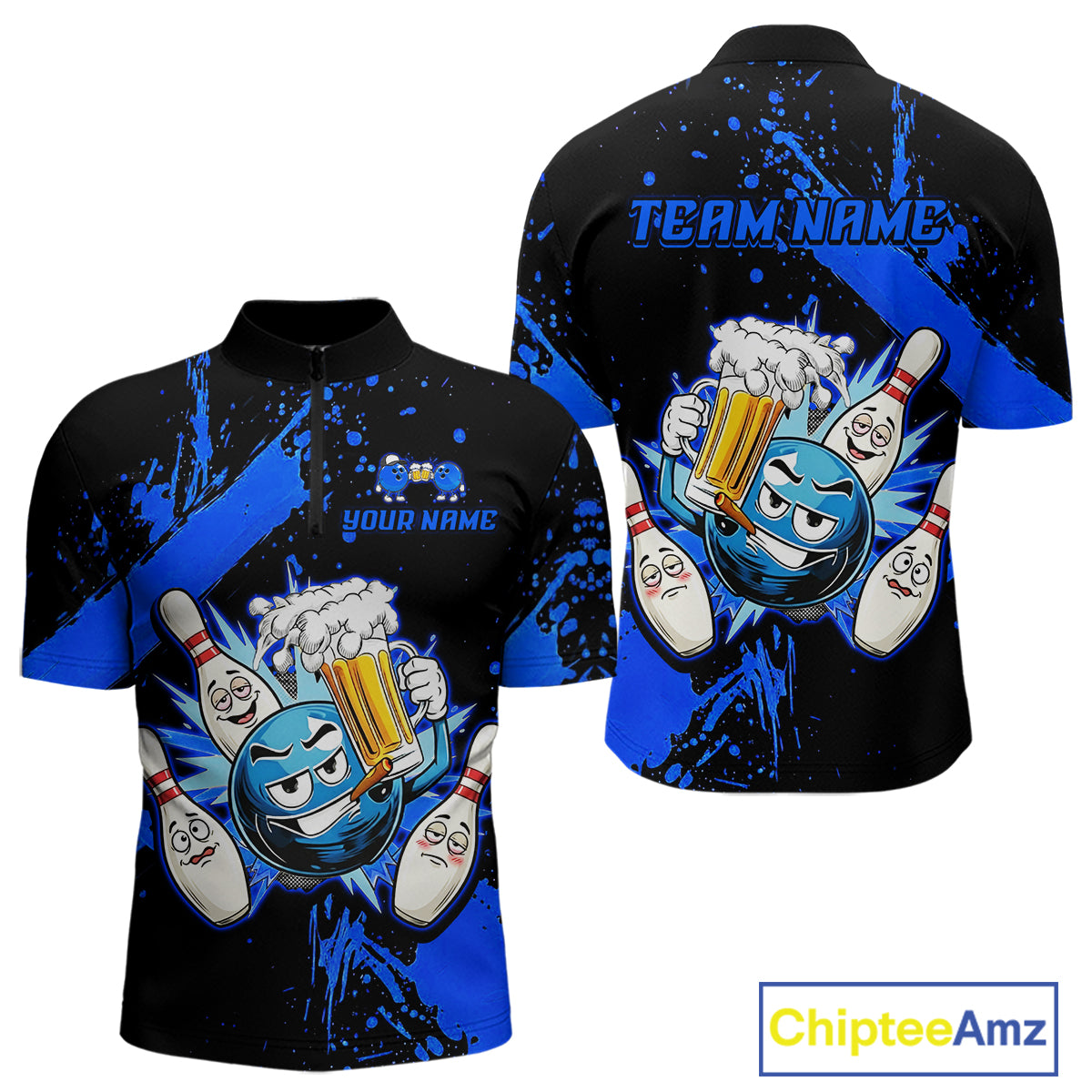 Custom Blue Funny Beer Bowling Shirt for Men Bowling League Jersey Polo 1/4 Zip Bowling Outfit QZT822