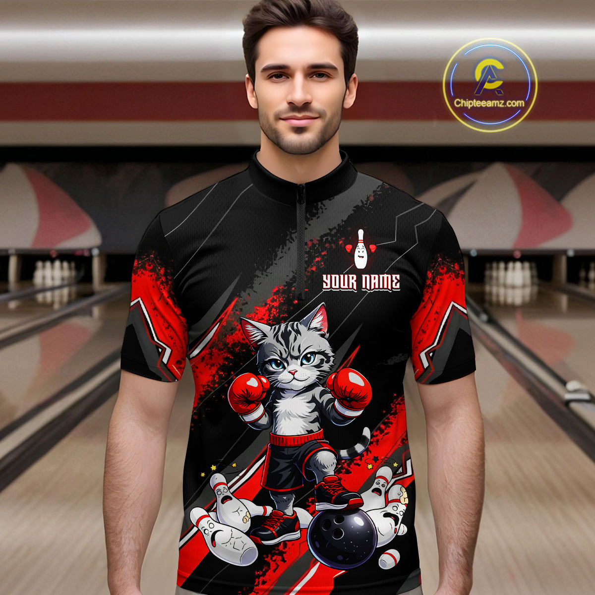 Funny Red Cat Boxing Bowling Team Jersey Personalized Polo & 1/4 Zip Shirt for Men Bowling League QZT825