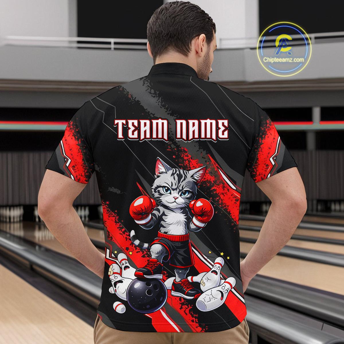 Funny Red Cat Boxing Bowling Team Jersey Personalized Polo & 1/4 Zip Shirt for Men Bowling League QZT825