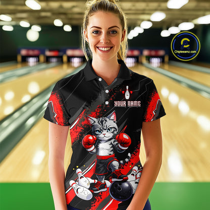 Funny Red Cat Bowling Team Jersey Personalized Polo & 1/4 Zip Shirt for Women Bowling League QZT825