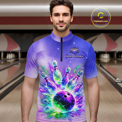 Custom Aurora Bowling Team Shirt Neon Glow Bowling Jersey Cosmic Galaxy Bowling Uniform for Men QZT966