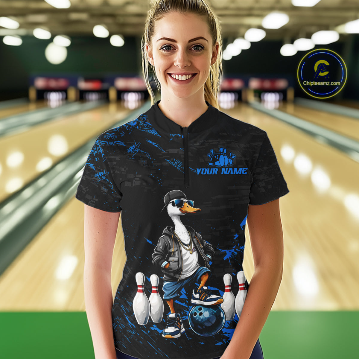 Personalized Blue Funny Goose Bowling Team Shirt for Women Bowling League Jersey Polo & 1/4-Zip QZT877