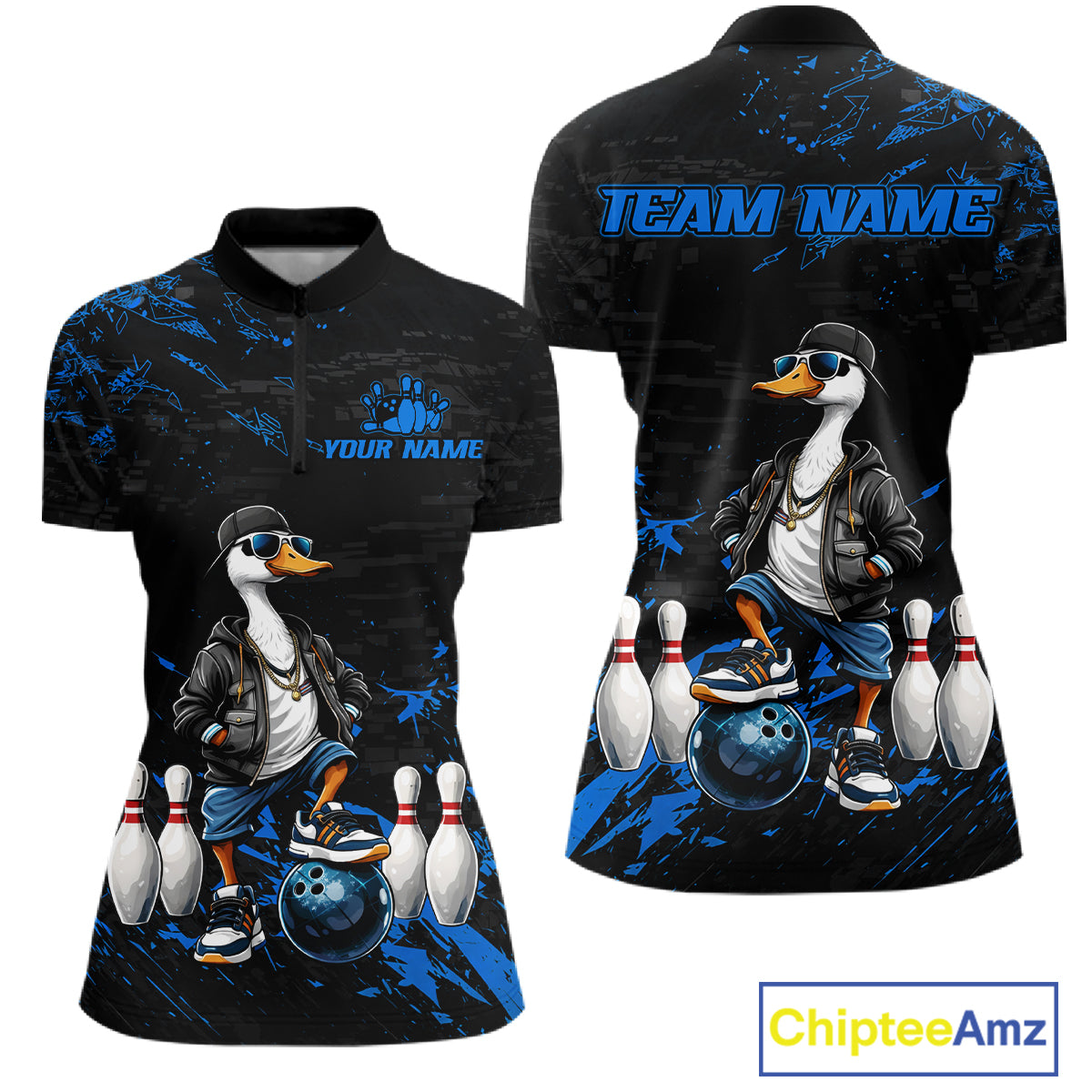 Personalized Blue Funny Goose Bowling Team Shirt for Women Bowling League Jersey Polo & 1/4-Zip QZT877