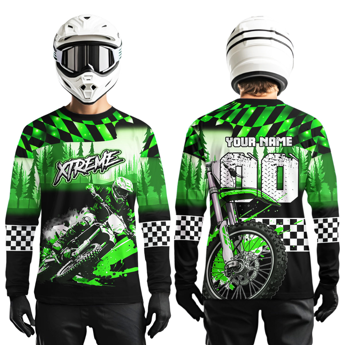Personalized Green Motocross Jersey for Adult Kids Extreme Racing Shirt UPF30+ Dirt Bike Clothes MHT125
