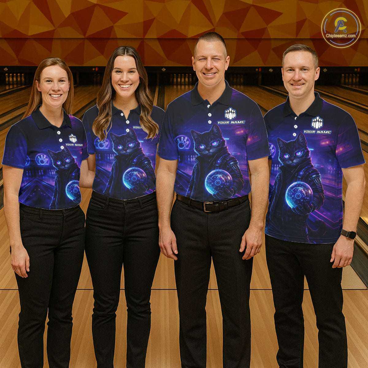 Personalized Neon Cat Bowling Shirt for Men Bowling Team Polo & Quarter-Zip Bowling Outfit QZT884