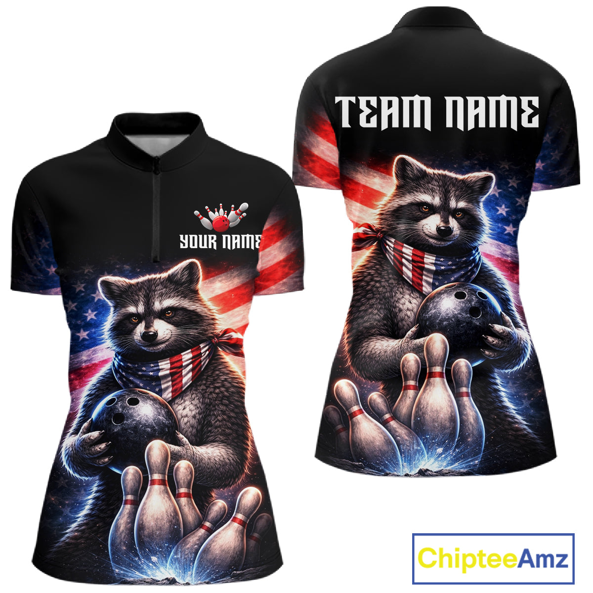 Custom American Flag Raccoon Bowling Shirt Bowling Jersey for Women Patriotic Bowling Polo & 1/4-Zip QZT974