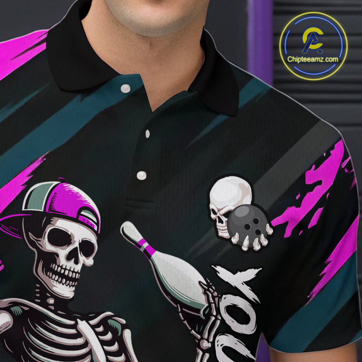 Custom Pink Skull Bowling Team Shirt for Men Polo & 1/4 Zip Bowling League Jersey Bowling Unisex QZT794