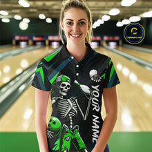 Load image into Gallery viewer, Custom Green Skull Bowling Team Shirt for Women Polo &amp; 1/4 Zip Bowling League Jersey Bowling Gift QZT794