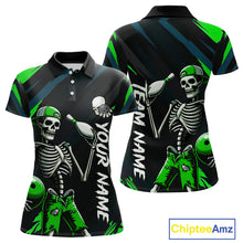 Load image into Gallery viewer, Custom Green Skull Bowling Team Shirt for Women Polo &amp; 1/4 Zip Bowling League Jersey Bowling Gift QZT794