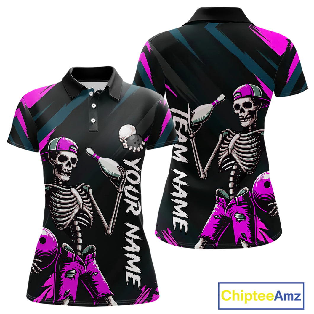 Custom Pink Skull Bowling Team Shirt for Women Polo & 1/4 Zip Bowling League Jersey Bowling Gift QZT794
