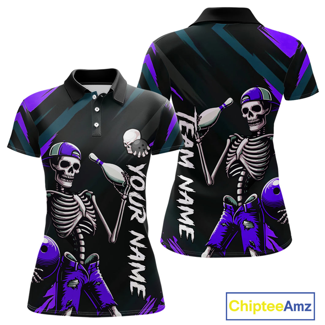 Custom Purple Skull Bowling Team Shirt for Women Polo & 1/4 Zip Bowling League Jersey Bowling Gift QZT794