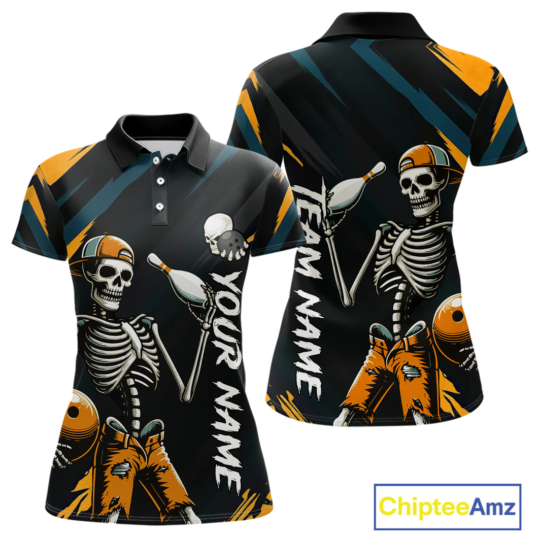Custom Yellow Skull Bowling Team Shirt for Women Polo & 1/4 Zip Bowling League Jersey Bowling Gift QZT794