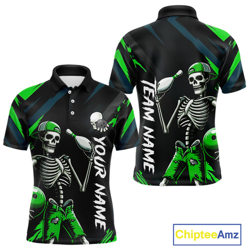 Custom Green Skull Bowling Team Shirt for Men Polo & 1/4 Zip Bowling League Jersey Bowling Unisex QZT794