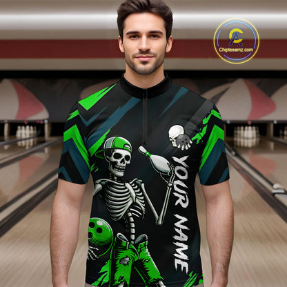 Custom Green Skull Bowling Team Shirt for Men Polo & 1/4 Zip Bowling League Jersey Bowling Unisex QZT794