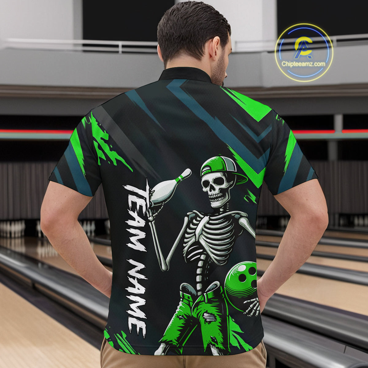 Custom Green Skull Bowling Team Shirt for Men Polo & 1/4 Zip Bowling League Jersey Bowling Unisex QZT794