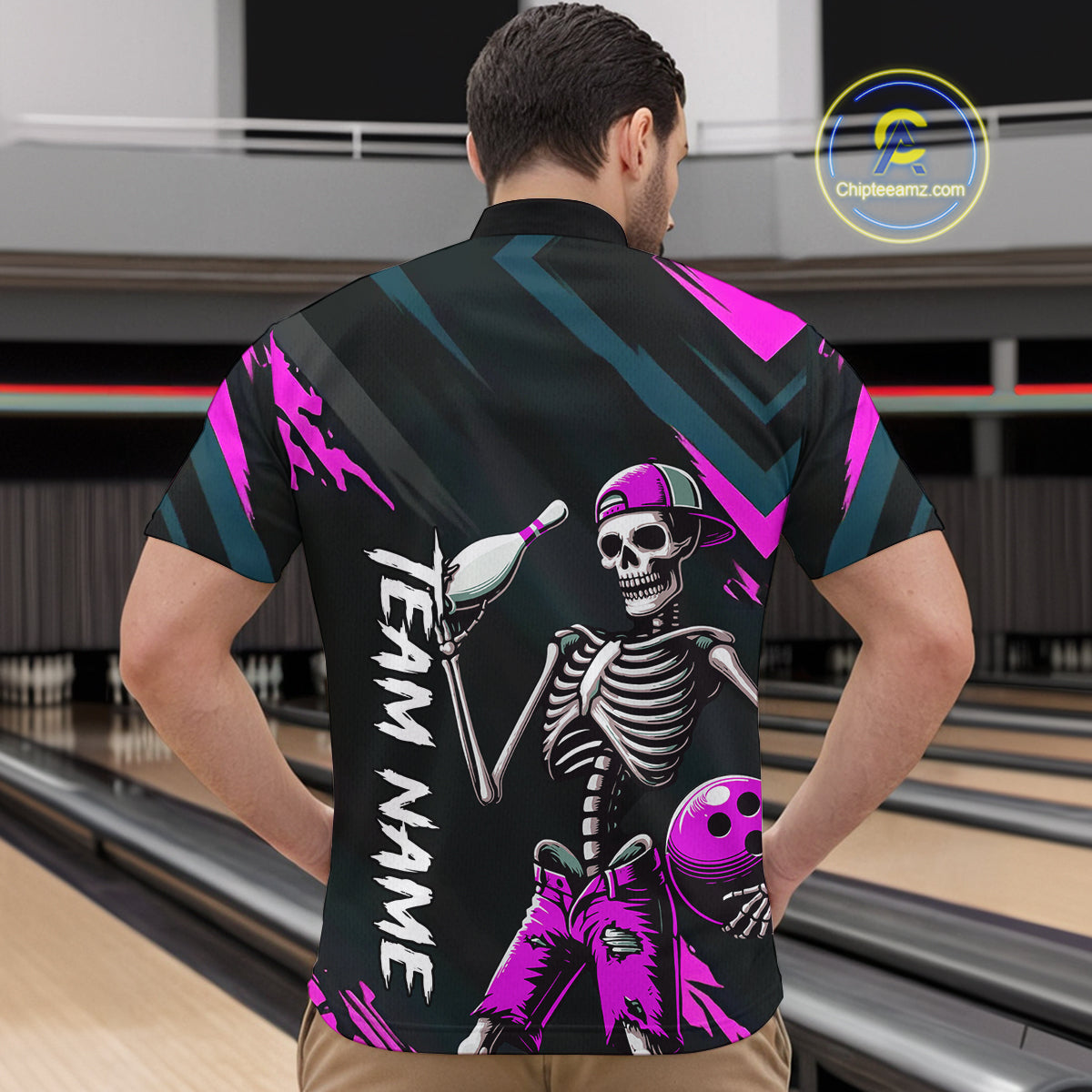 Custom Pink Skull Bowling Team Shirt for Men Polo & 1/4 Zip Bowling League Jersey Bowling Unisex QZT794