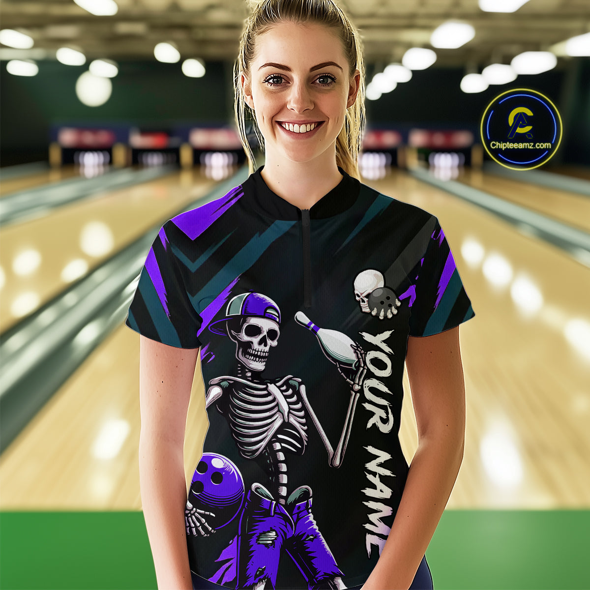 Custom Purple Skull Bowling Team Shirt for Women Polo & 1/4 Zip Bowling League Jersey Bowling Gift QZT794