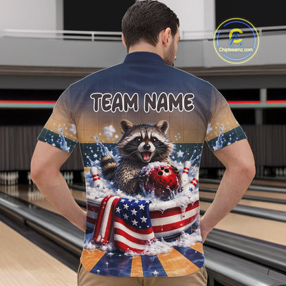 Funny Raccoon Bowling Shirt for Men Custom Patriotic Bowling Jersey US Flag Bowling Outfit QZT976