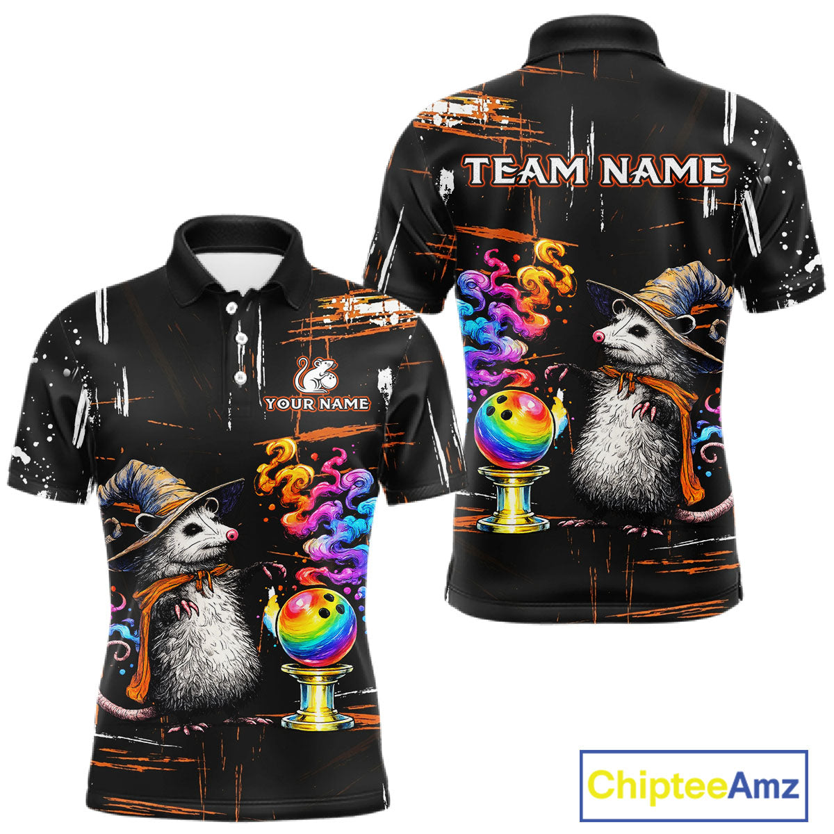 Front and back views of a black short-sleeve polo shirt featuring a colorful printed design of opossum wearing hats, bowling balls, and smoke, with customizable text placeholders 'TEAM NAME' and 'YOUR NAME'.